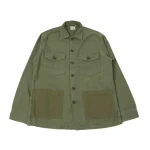 orSlow Contrast Pocket Sateen Overshirt Olive Stone Front
