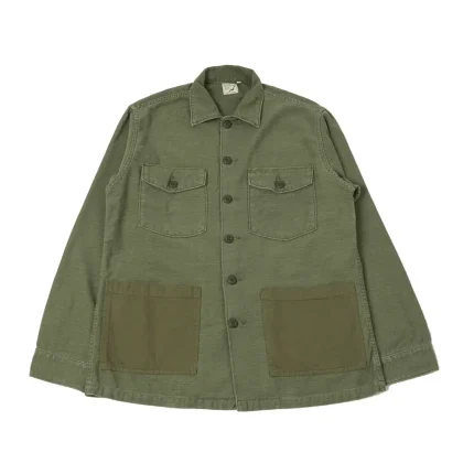 orSlow Contrast Pocket Sateen Overshirt Olive Stone Front