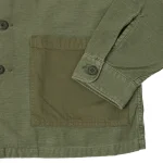 orSlow Contrast Pocket Sateen Overshirt Olive Stone Front Arm