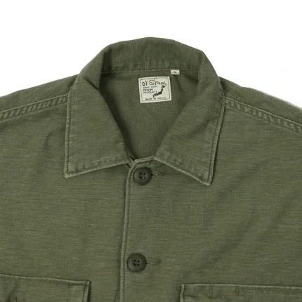 orSlow Contrast Pocket Sateen Overshirt Olive Stone Front Zoom