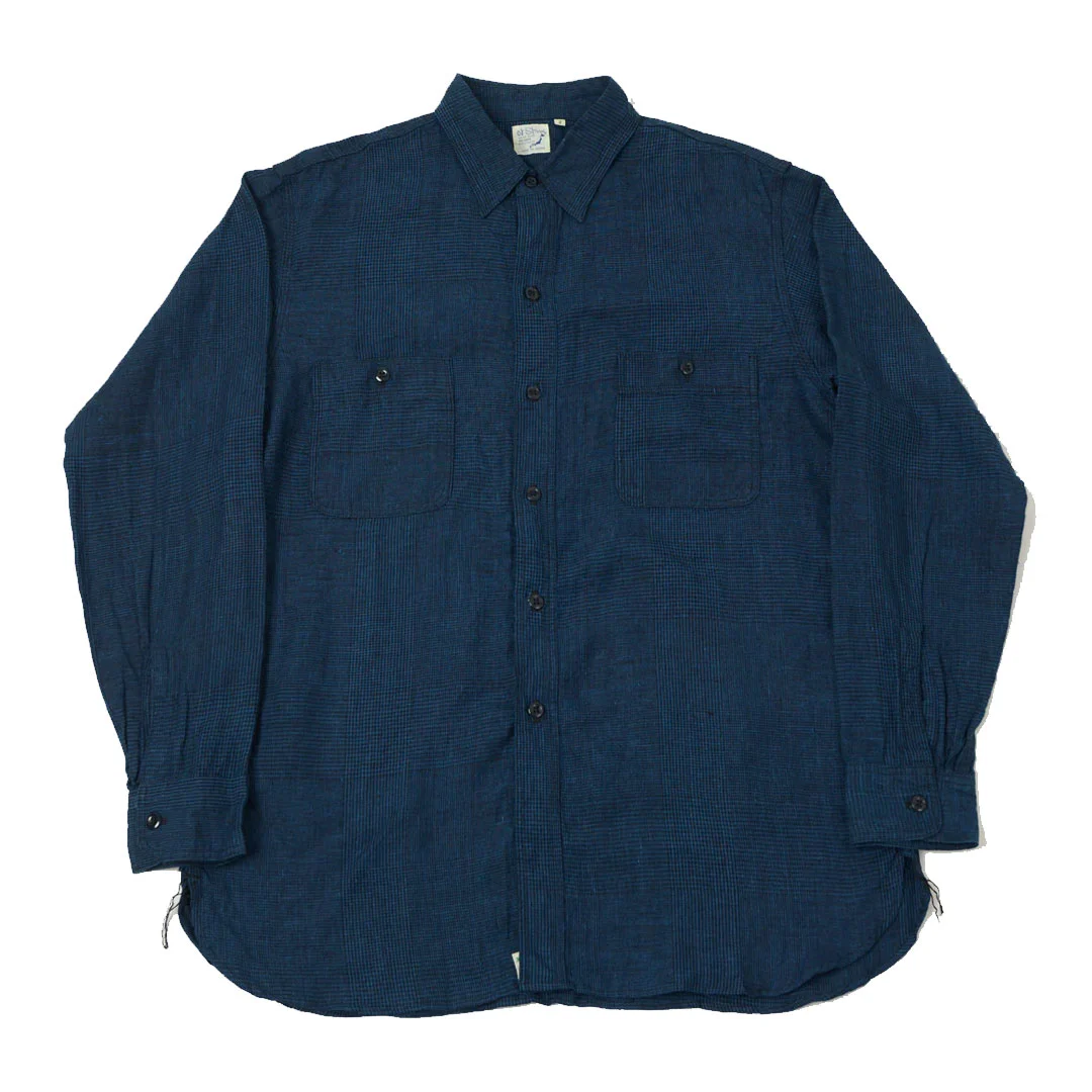 orSlow Linen Poplin Check Work Shirt Indigo Front (1) orSlow Linen Poplin Check Work Shirt Indigo Front (1)